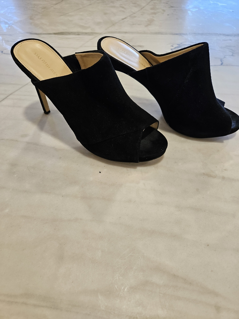 Saks Fifth Avenue Black Suede Peep-Toe Mule Heels Size 9